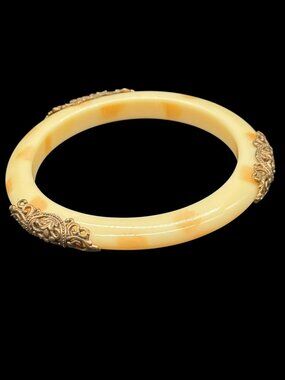 Vintage Bangle Bracelet Acrylic Cream Colour Metal Brass Colour Accents Filigree